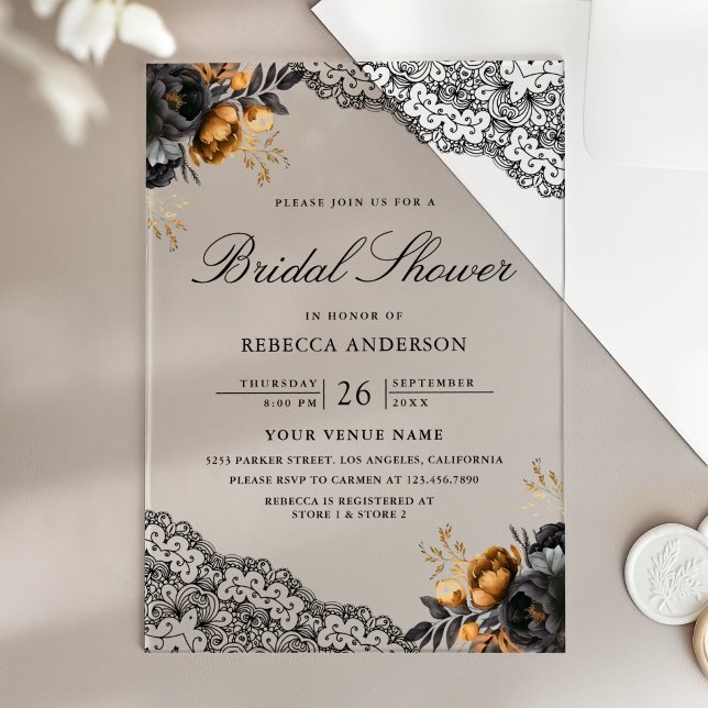 Black Gold Roses Lace Gothic Bridal Shower Acrylic Invitations (Creator Uploaded)