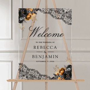 Black Gold Roses Lace Gothic Wedding Welcome Acrylic Sign