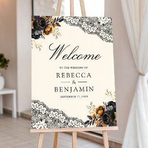 Black Gold Roses Lace Gothic Wedding Welcome Sign