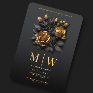 Black Gold Roses QR Gothic Wedding Invitation