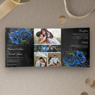 Black Gold Royal Blue Floral Photo Collage Wedding Tri-Fold Invitation