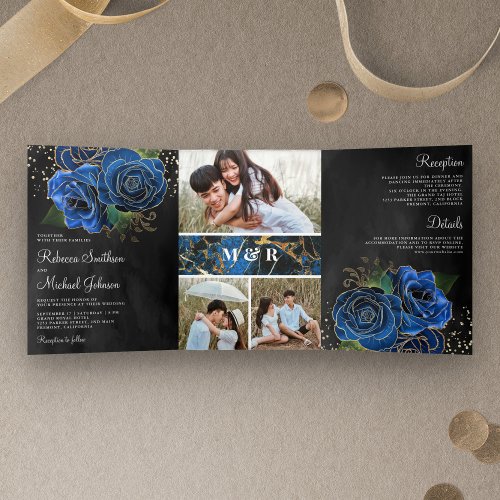 Black Gold Royal Blue Floral Photo Collage Wedding Tri_Fold Invitation