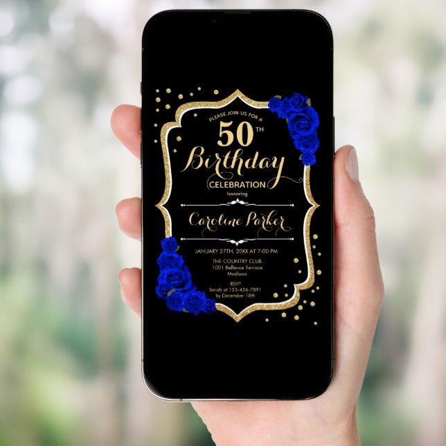 Black Gold Royal Blue Photo 50th Birthday Invitation (Front Digital)