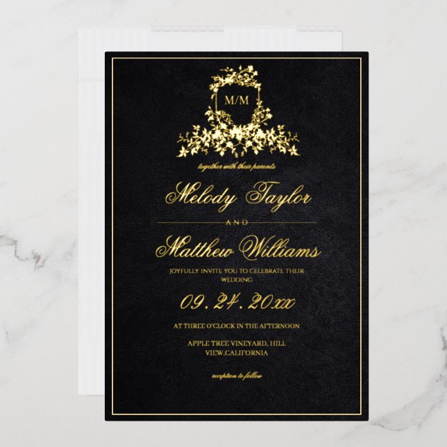 Black & Gold Royal Calligraphy Crest Wedding Foil Invitation (Envelope)