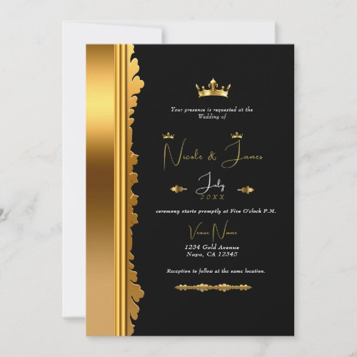 Black  Gold Royal Crown Elegant Glam Wedding    Invitation