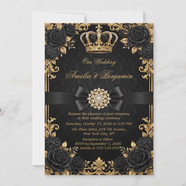 Black Gold Royal Crown Elegant Wedding Invitation (Front)