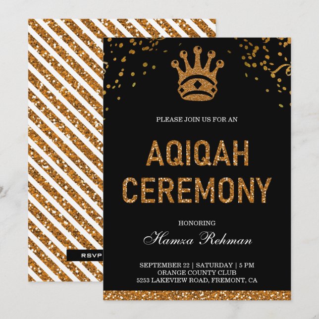Black Gold Royal Crown Prince Aqiqah Invitation (Front/Back)