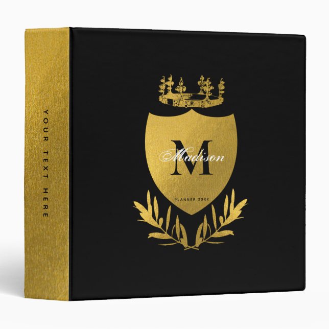 Black & Gold Royal Emblem Shield Monogram  3 Ring Binder (Front/Spine)