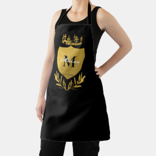 Black & Gold Royal Emblem Shield Monogram Apron