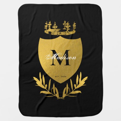 Black  Gold Royal Emblem Shield Monogram Baby Blanket