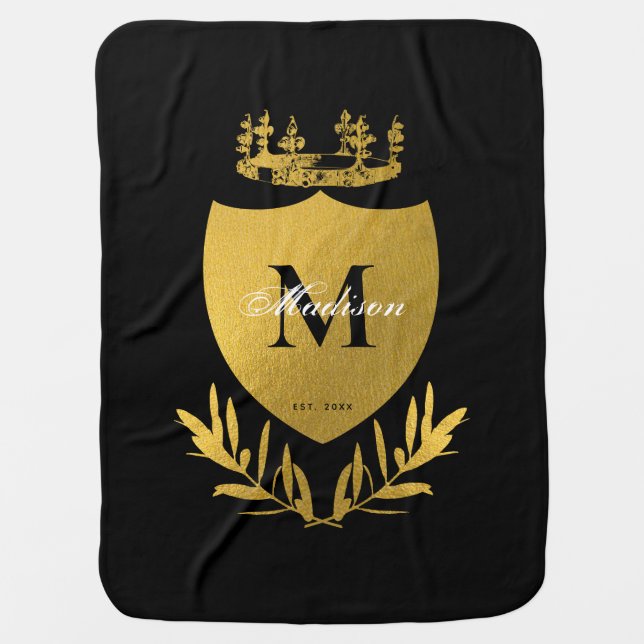 Black & Gold Royal Emblem Shield Monogram Baby Blanket (Front)