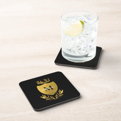 Black  Gold Royal Emblem Shield Monogram  Beverage Coaster