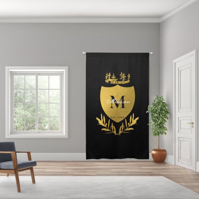 Black & Gold Royal Emblem Shield Monogram  Blackout Curtains (Wide)