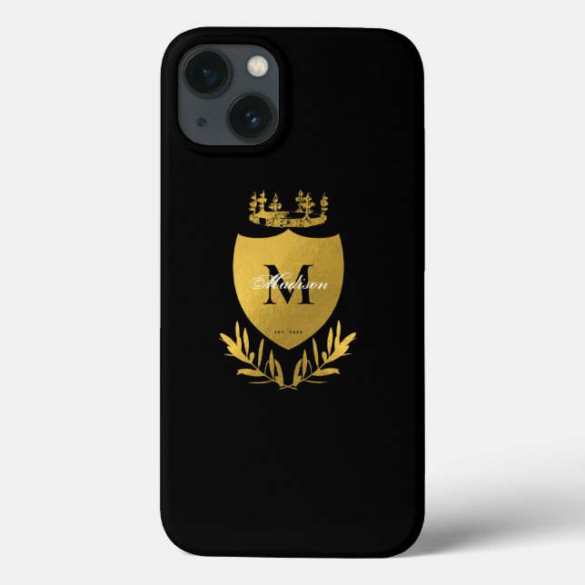Black & Gold Royal Emblem Shield Monogram Case-Mate iPhone Case (Back)
