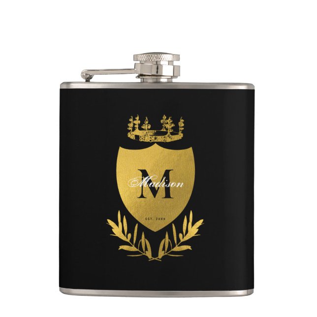 Black & Gold Royal Emblem Shield Monogram  Flask (Front)