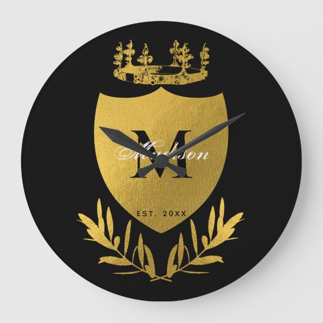 Black & Gold Royal Emblem Shield Monogram Large Clock (Front)