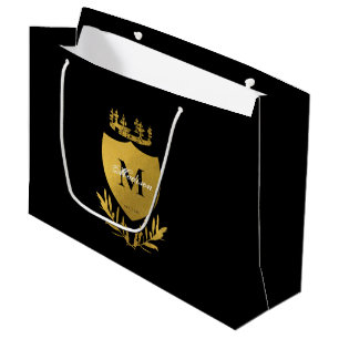 Black & Gold Royal Emblem Shield Monogram Large Gift Bag