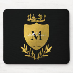 Black & Gold Royal Emblem Shield Monogram Mouse Pad