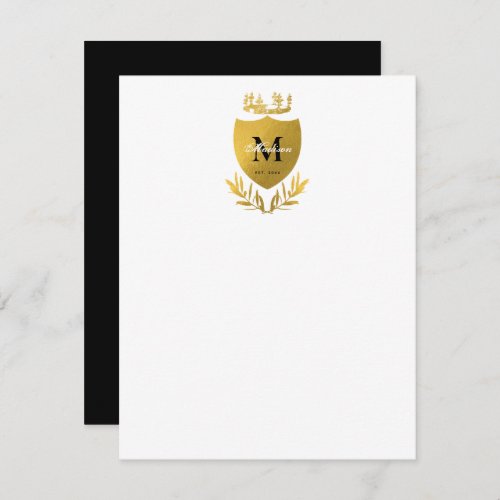 Black  Gold Royal Emblem Shield Monogram  Note Card