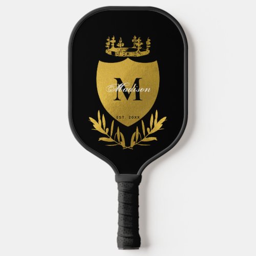 Black  Gold Royal Emblem Shield Monogram  Pickleball Paddle