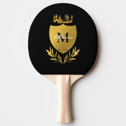 Black  Gold Royal Emblem Shield Monogram  Ping Pong Paddle