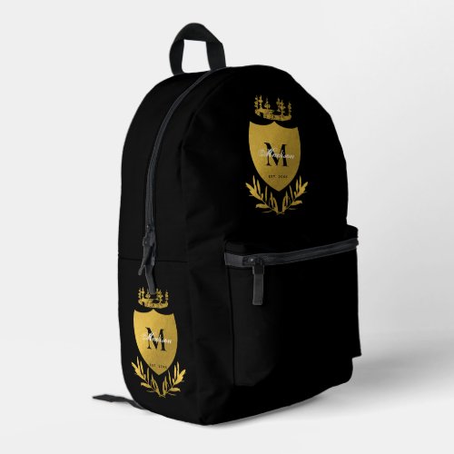 Black  Gold Royal Emblem Shield Monogram  Printed Backpack