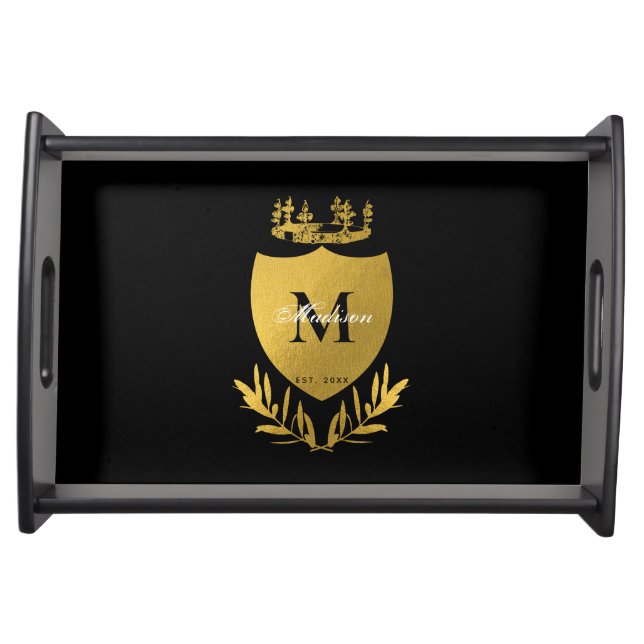 Black & Gold Royal Emblem Shield Monogram  Serving Tray (Front)