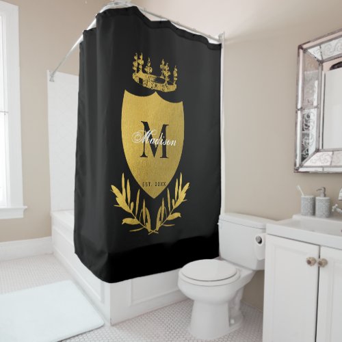Black  Gold Royal Emblem Shield Monogram  Shower Curtain