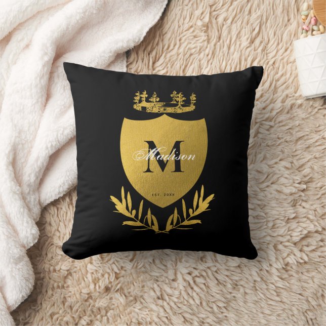 Black & Gold Royal Emblem Shield Monogram  Throw Pillow (Blanket)