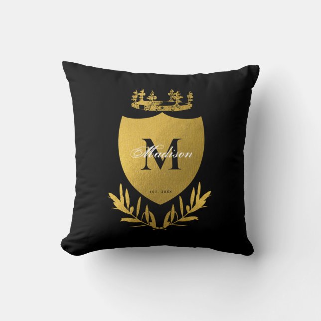 Black & Gold Royal Emblem Shield Monogram  Throw Pillow (Front)