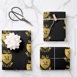 Black & Gold Royal Emblem Shield Monogram Wrapping Paper Sheets