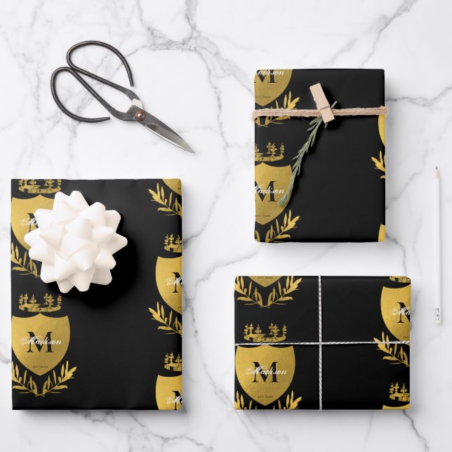 Black & Gold Royal Emblem Shield Monogram Wrapping Paper Sheets (Front)
