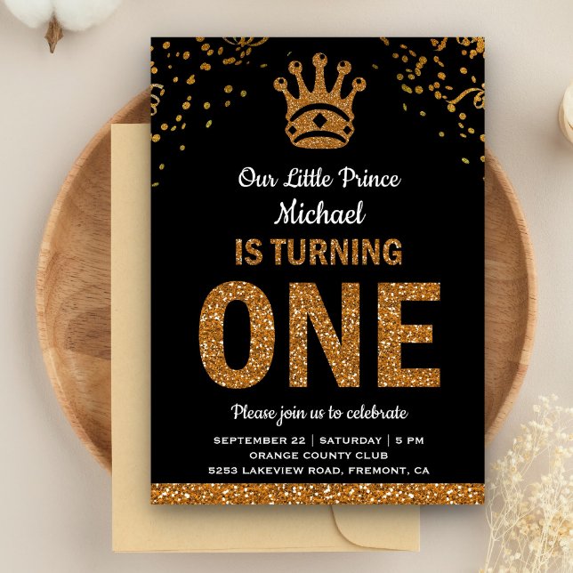 Black Gold Royal Prince First Birthday Invitation
