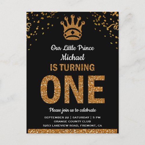 Black Gold Royal Prince First Birthday Invitation Postcard