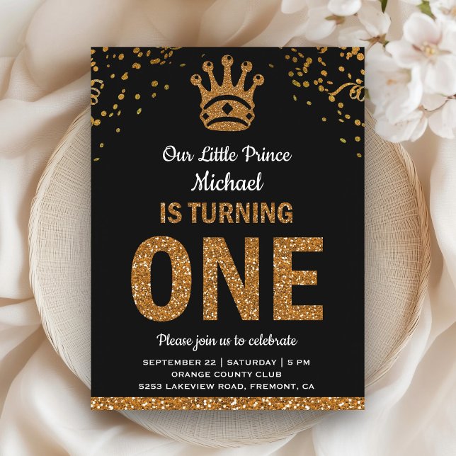 Black Gold Royal Prince First Birthday Invitation Postcard (Creator Uploaded)