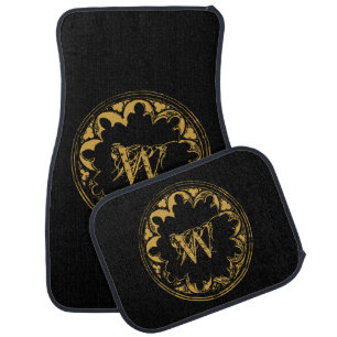 Black & Gold Rustic Vintage Distressed Monogram Car Floor Mat