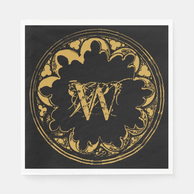 Black & Gold Rustic Vintage Distressed Monogram  Napkins (Front)