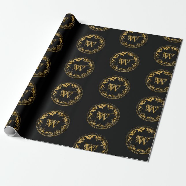 Black & Gold Rustic Vintage Distressed Monogram  Wrapping Paper (Unrolled)