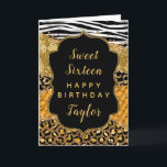 Black Gold Safari Agate Sweet 16 Happy Birthday Card<br><div class="desc">This black and gold safari themed agate birthday card can be personalized with a name or title such as daughter, granddaughter, niece, friend etc. The design features leopard spots, zebra stripes, fish scales and snake scales. The text combines handwritten script and modern sans serif fonts for a classy and sophisticated...</div>