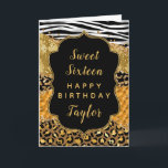 Black Gold Safari Agate Sweet 16 Happy Birthday Card<br><div class="desc">This black and gold safari themed agate birthday card can be personalized with a name or title such as daughter, granddaughter, niece, friend etc. The design features leopard spots, zebra stripes, fish scales and snake scales. The text combines handwritten script and modern sans serif fonts for a classy and sophisticated...</div>