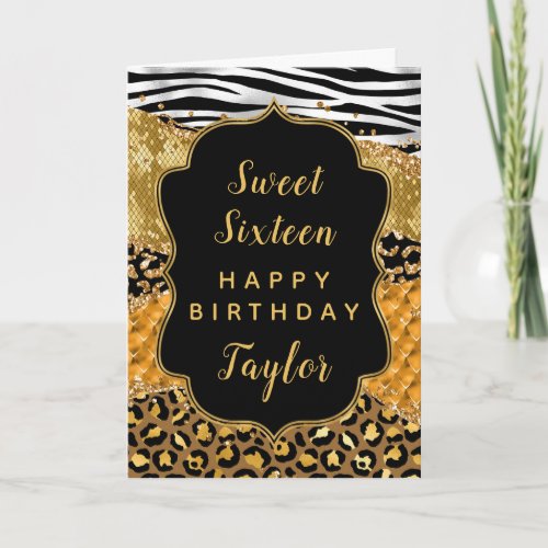 Black Gold Safari Agate Sweet 16 Happy Birthday Card