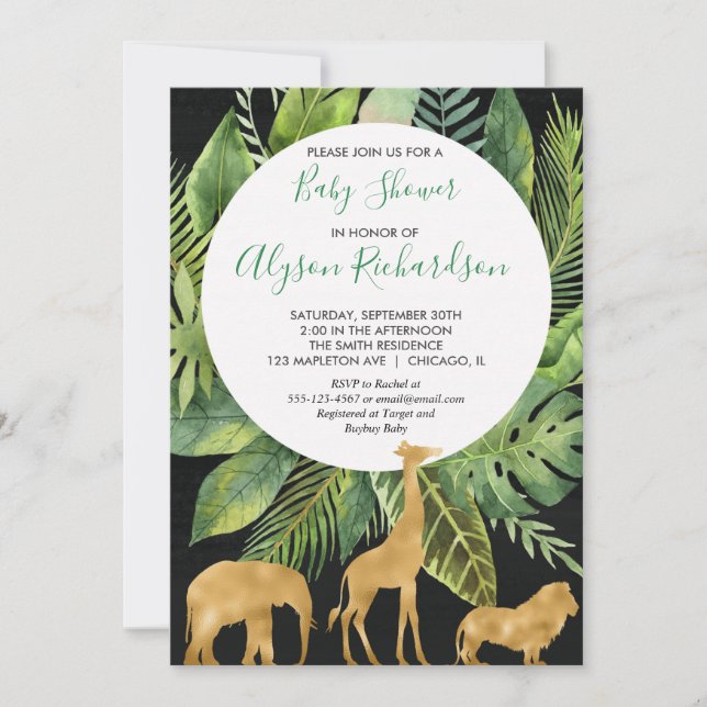 Black gold safari baby shower gender neutral invitation (Front)
