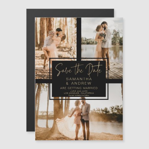 black gold save the date 3 photo grid collage