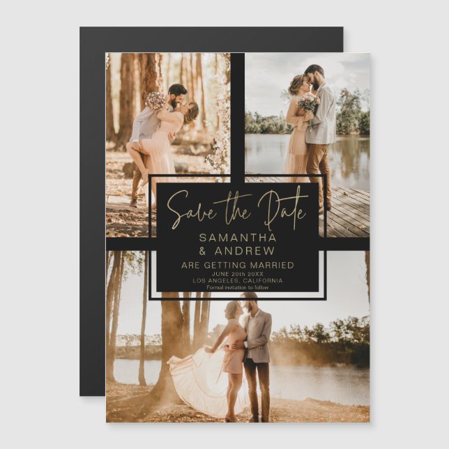 black gold save the date 3 photo grid collage (Front/Back)