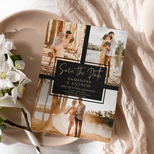 black gold save the date 3 photo grid collage