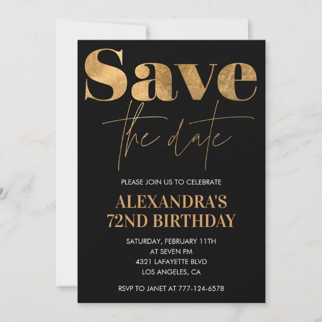 Black Gold Save the date 72nd birthday Invitation (Front)