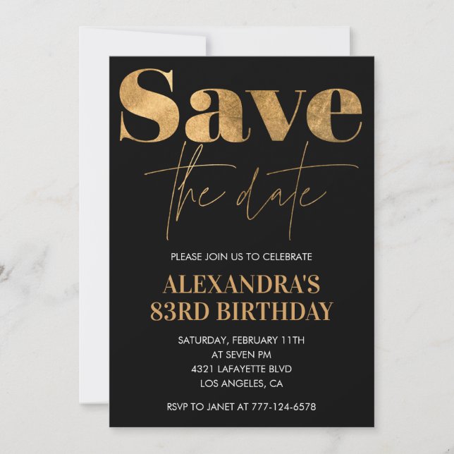 Black Gold Save the date 83rd birthday Invitation (Front)
