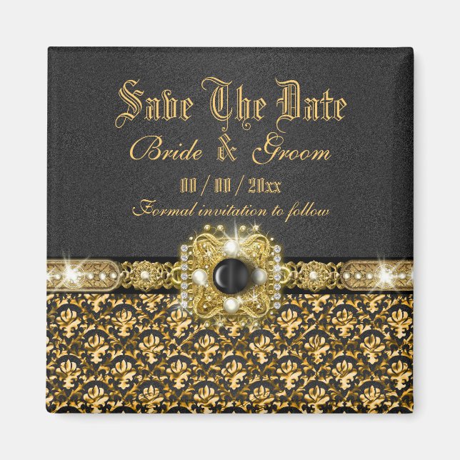 Black gold "save the date" damask wedding magnet (Front)