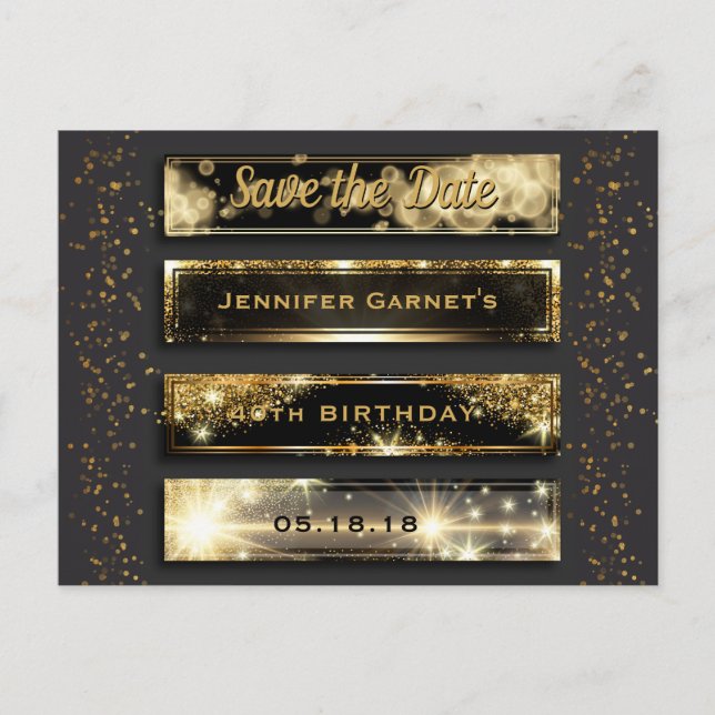 Black Gold Save the Date Elegant Birthday Party Announcement Postcard (Front)