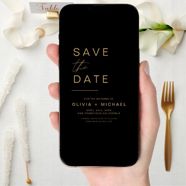 Black Gold Save the Date Elegant Minimalist Script (Front Digital)